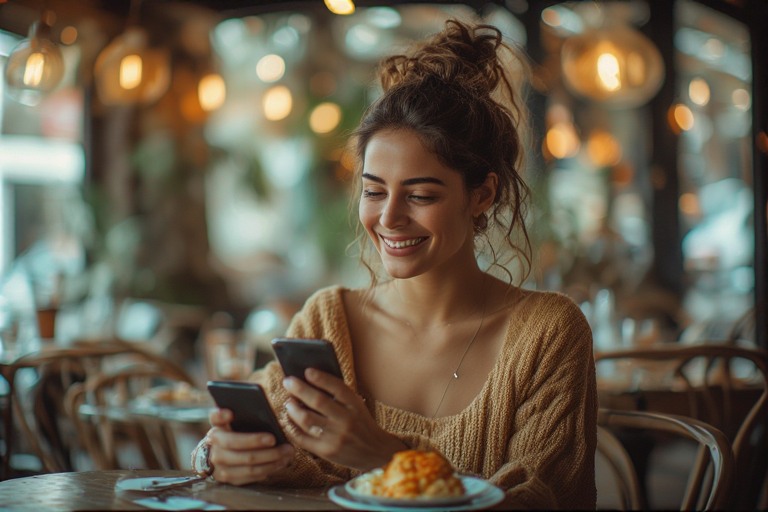 "Confident woman checking her phone happily, showing how to pass the Gemini man disappearing act test by staying independent."