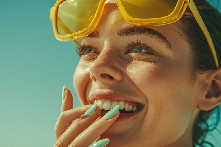 Close-up of a fashionable woman laughing with her hand covering her mouth, highlighting the expressive hands and eyes that attract a Gemini man