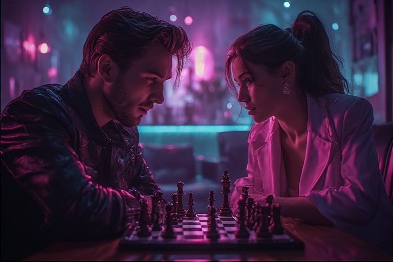 "Gemini man testing a woman illustrated by a couple playing a flirty game of strategy, representing the intellectual mind games in a Gemini relationship."