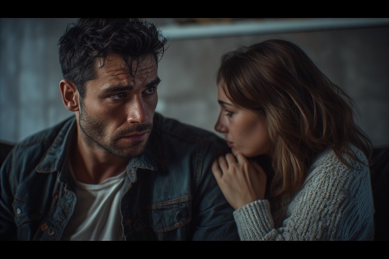 Man looking overwhelmed while a woman clings to his arm, depicting the clinginess and possessiveness that a Gemini man dislikes