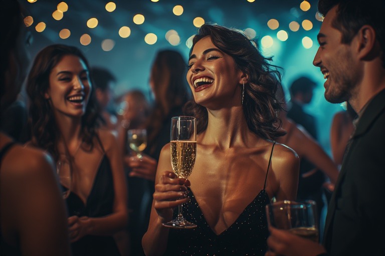 "Woman charming a crowd at a party, representing passing the Gemini man social butterfly test by being independent and social."